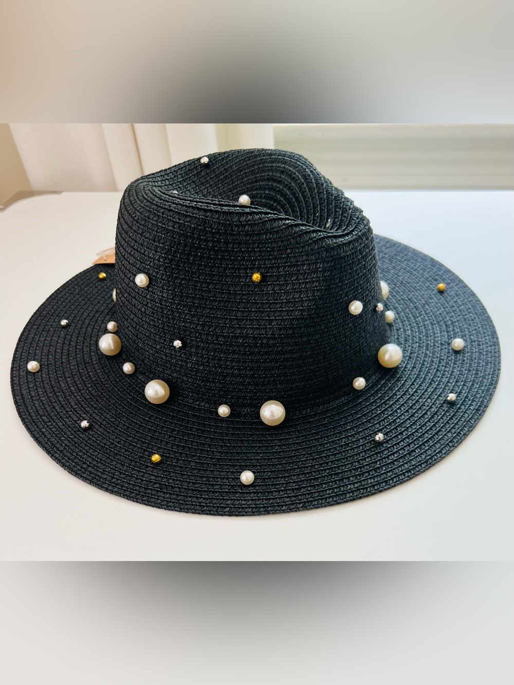 NWT Black Wide-Brim Straw Hat with Pearl & Gold Stud Accents